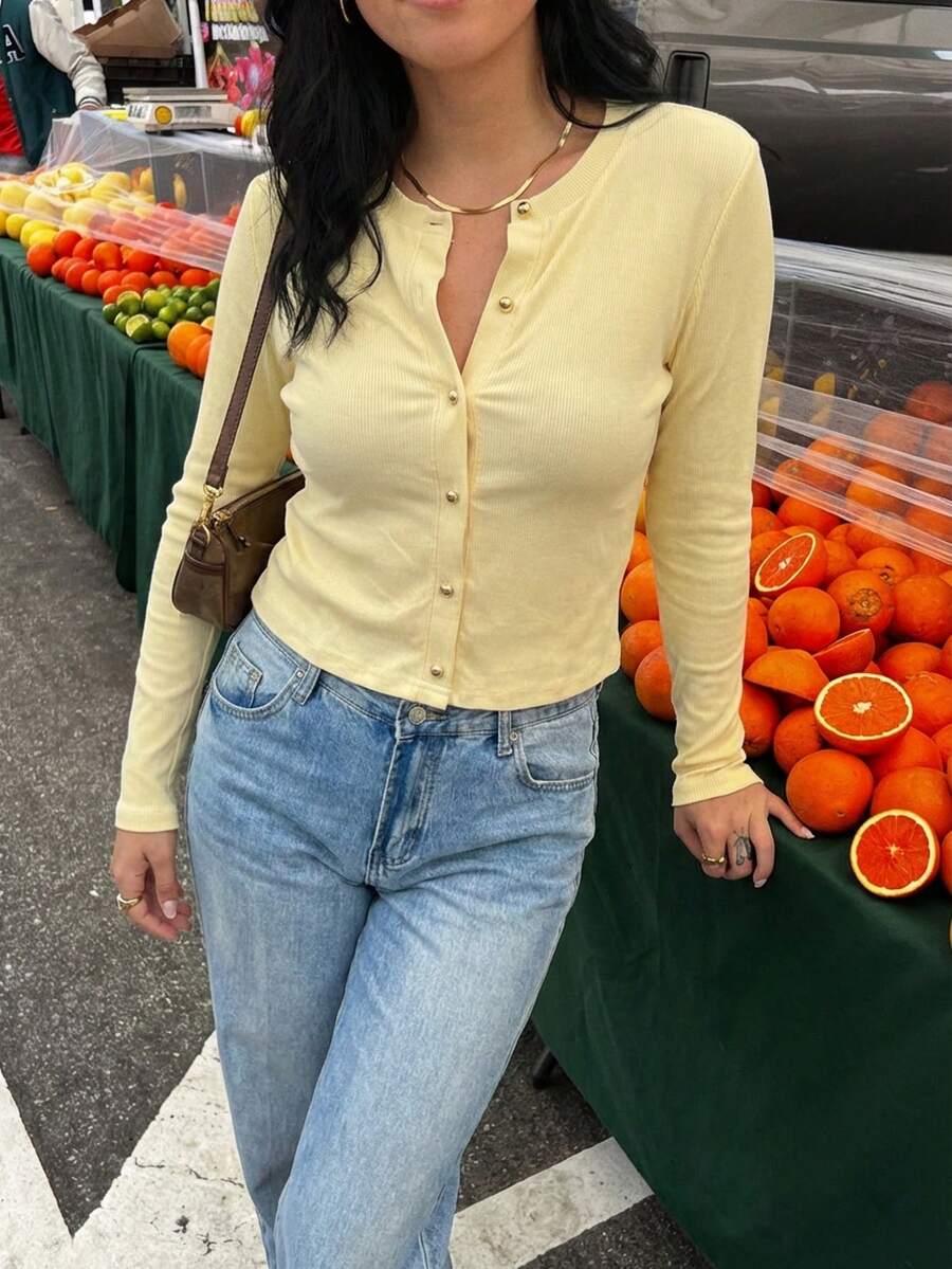 Áo khoác cardigan cài nút thời trang đường phố, màu trơn, dáng ôm, tay dài, mùa xuân - Màu vàng - Xem 1