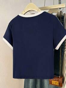 Navy Blue Women's Casual Contrast Stripe Collegiate Beach Daily Wear Round Neck Short Sleeve T-Shirt, Everyday Tops Summer - Navy Blue - View 2