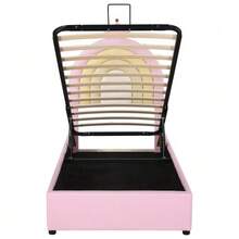 Upholstered Bed 90*200, Hydraulic Bed, With Slatted Base And Headboard, Children's Bed, Wooden Slatted Frame, Easy Assembly, Height-Adjustable Headboard, PU, Pink - Pink - View 9