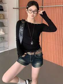 Retro American Sexy Studded Asymmetric Shoulder Long Sleeve Slim Fit Casual Top - Black - View 7