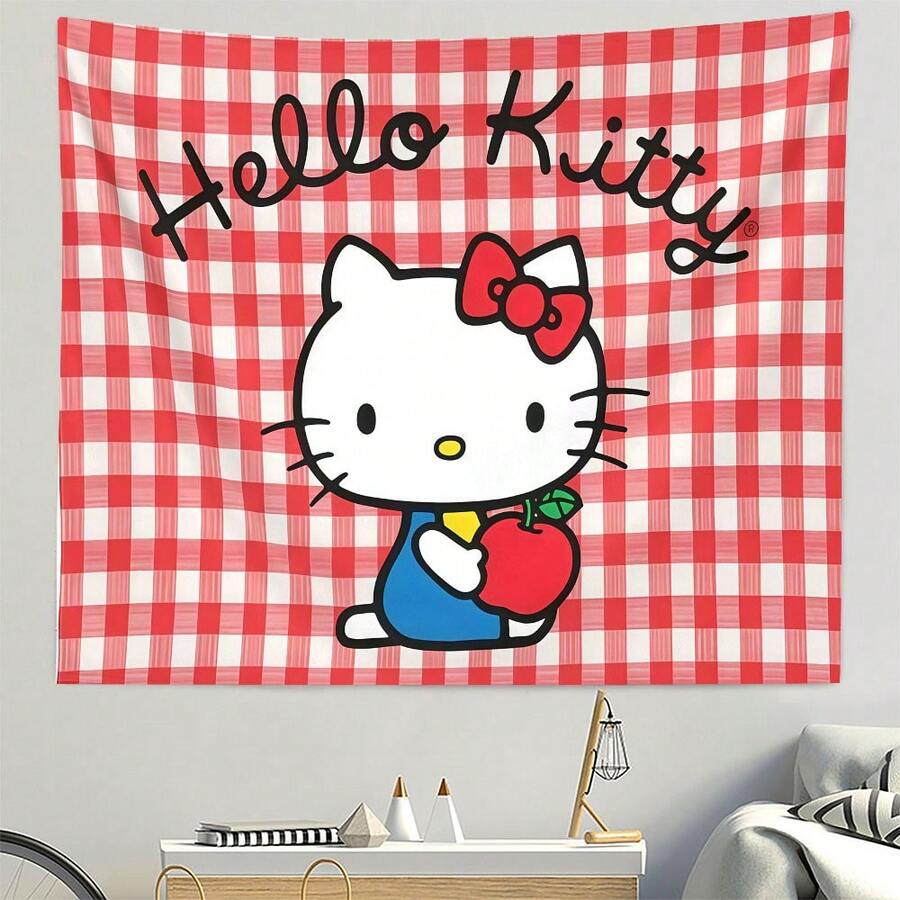 SANRIO 1件 Hello Kitty，三丽鸥可爱风，红色格子印花挂毯，可爱海报墙挂艺术装饰，美观背景布 - 彩色 - 查看 1