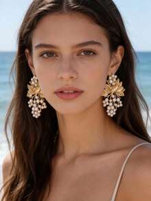 imoli 仿珍珠裝飾葉子耳釘 - 金黃色 - 查看 2