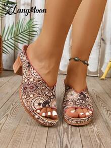 Sandalias de tacón grueso con estampado floral retro LangMoon 2026 para mujeres, con empeine estampado + tacón grueso estabilizador, de apariencia alta pero cómodo, suela antideslizante, adecuado para vacaciones, citas, fiestas, esencial para el estilo de primavera/verano - marrón - Ver 5