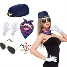 5pcs Women's Pilot Role Play Costume Set, Includes Hat, Scarf, Glasses, Gloves, Flight Attendant Makeup Party Outfit, Suitable For Role Play, Party And Dance Stewardess Costume - Multicolor - View 2