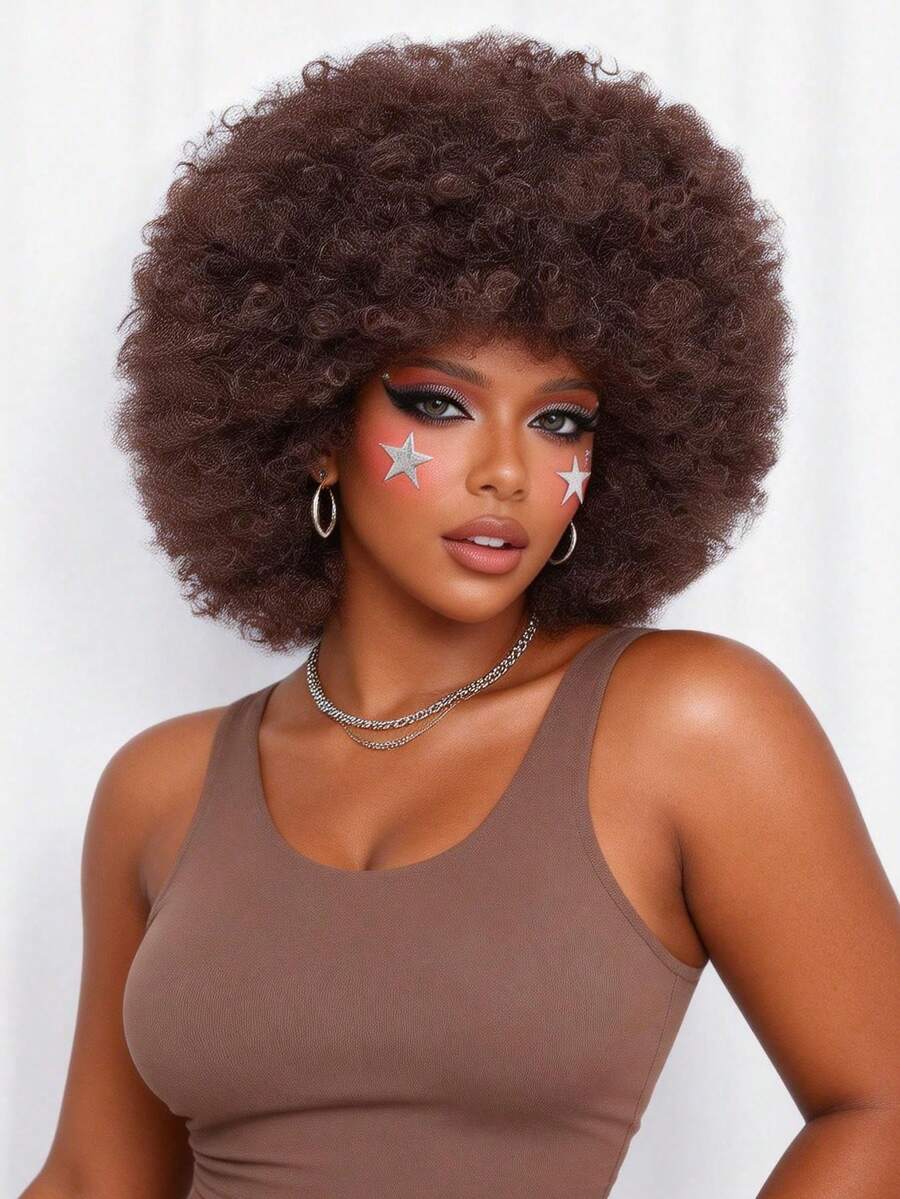 Afro Wig 14Inch Afro Wigs For Women 70s Mixed Brown Afro Kinky Curly Wig Bouncy Huge Fluffy Puff Wigs Synthetic Hair For Cosplay Daily And Party - Dark Brown - 查看 1