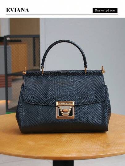 2026 New Luxury Women's Handbag, Versatile Snake Skin Texture Tote Bag With Sophisticated Lock Design, Chic Shoulder/Crossbody Bag With Double-Sided Inner Pockets
