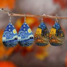 2 Pairs Personalized Classic Fashion Women Pendant Earrings, Landscape Print Bohemian Minimalist Style Wooden Pendant Earrings, Impressionist Art Jewelry, Unique Gift Choice For Women, Elegant - Multicolor - View 7