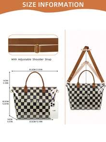 Plus Size Women Checkered PVC Tote Bag, Waterproof Shoulder Bag With Adjustable Strap, Suitable For Commuting - Black and White - View 3