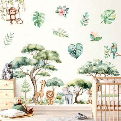Jungle Animal Forest Tree Wall Stickers, Watercolor Animal Wildlife Monkey Tiger Lion Wall Decals , Bedroom Playroom Home Wall Decor