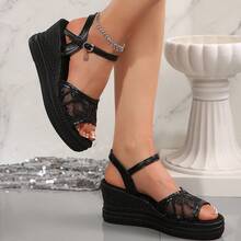 Sandalias de cuña con encaje elegantes para mujer, diseño de suela gruesa trenzada con cuerda, sandalias de playa para vacaciones y uso diario - Negro - Ver 2