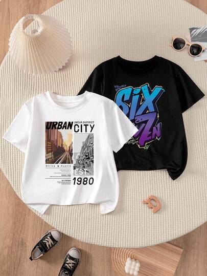 2pcs/Set Tween Boy Classic Minimalist Casual White & Black Short Sleeve T-Shirts, Suitable For Daily, Vacation