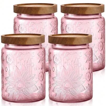 4 Pcs Vintage Glass Storage Jars 23.67 Oz Candy Jar Canister With Solid Wood Lids Food Storage Container For Kitchen, Ground Coffee, Tea, Sugar, Decorative Mason Cookie Jars (Pink)