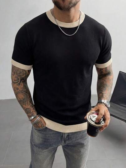 Men's Casual Contrast Color Knit Crew Neck Short Sleeve Sweater, Versatile For Work And Daily Wear, Spring/Summer
