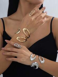 2pcs Fashionable & Elegant Smooth Bangle Bracelet & Ring Jewelry Set, Gift For Women, Party & Banquet - Bracelet and Ring Set - View 9