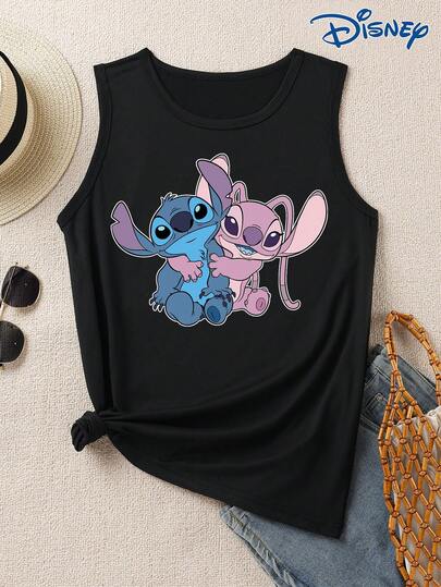 Disney 拼接图案印花女士背心，时尚休闲无袖马甲，圆领，略带弹性，易护理面料，适合日常穿着