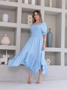 Vitoria Vestido midi de ponta elegante liso crepinho  Manga Curta - Azul bebê - Visão 1