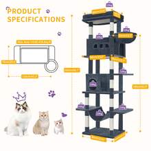 HaluPeit 210 Cm Large Cat Tower For Indoor Cats,Cat Tree, Multi-Level Cat House With Condo, 8 Scratching Posts, Hammock - Dark Grey - View 2