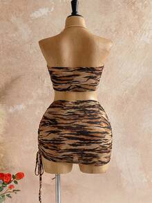 2pcs Tiger Print Backless Camisole Top And Side Tie Skirt Set - Adjustable Fashionable Spring/Summer Outfit, Suitable For Music Festivals, Beach Parties, Nightlife, Photography And More Elegant - Brown - View 4