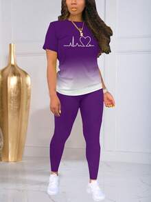 休闲渐变心电图印花短袖T恤和打底裤套装，春夏款 - 紫色 - 查看 2