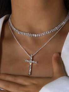 New Cross Necklace, European American Style Versatile INS Viral Multi-Layer Choker, Fashion Jewelry For Women - Silver - View 1