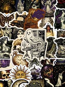 50張復古神秘月亮貼紙－復古神秘星空月亮、黑貓與塔羅星，適合裝飾手帳、筆電與DIY手工，暗黑學院風返校用品 - 彩色 - 查看 1