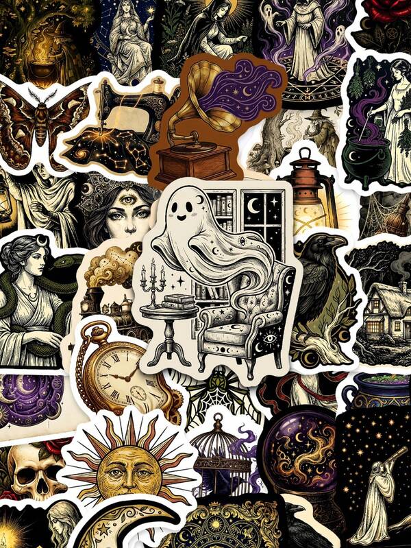 50pcs Vintage Mystical Moon Stickers - Vintage Mystical Starry Sky Moon, Black Cat And Tarot Stars, Suitable For Decorating Journals, Laptops And DIY Crafts, Dark Academia Style Back To School Supplies