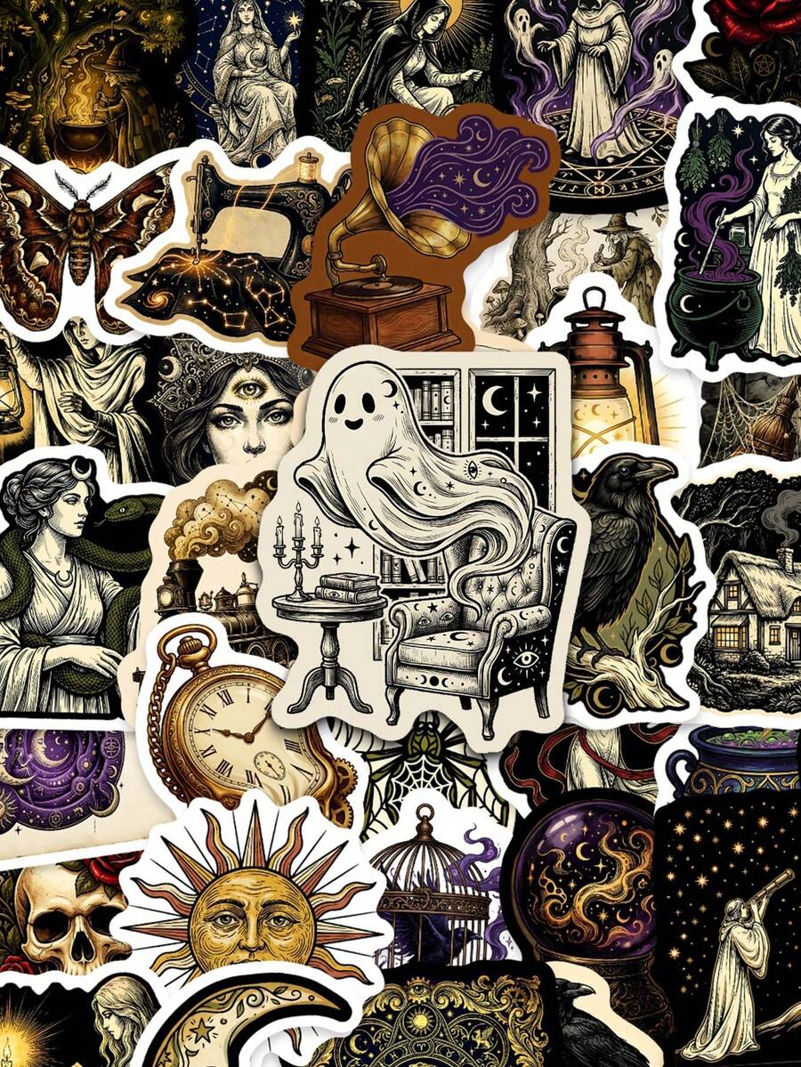 50張復古神秘月亮貼紙－復古神秘星空月亮、黑貓與塔羅星，適合裝飾手帳、筆電與DIY手工，暗黑學院風返校用品 - 彩色 - 查看 1