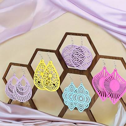 5 Pairs/Set Earrings, Personalized Hollow Wooden Design Versatile Earrings For All Seasons, Suitable For Gifts, Daily Wear, Vacation, Parties And More