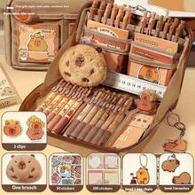 33pcs/226pcs/127pcs/47pcs Capybara Stationery Set, Cute Capybara Pencil Case, Multi-Layer Student Pencil Box, Includes Stickers, Keychains, Brooches, Gift Set,Back To School,Bag - Camel - View 24