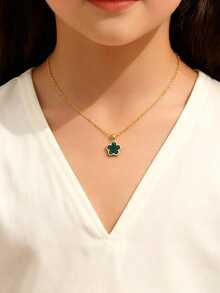 新款时尚幸运五叶草项链手链耳钉戒指时尚饰品 - 綠色 - 查看 3