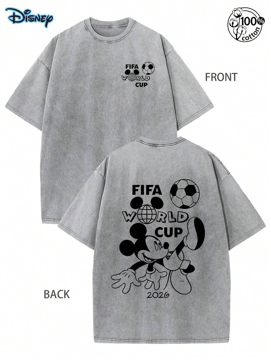 Disney FIFAWorldl Cup 2026 100% Cotton T-Shirt,Men's And Women's T-Shirts, Football Game Fan Gift, 230G Washed High-Quality Cotton Printed T-Shirt, Men Clothes, Street Retro And Outdoor Sports Leisure, Essential For 2026 Football Fans, Streetwear, Y2k Clothes, Cartoon Mickey Mouse Kickball T-Shirt, A Gift For Friends - Grey - View 1