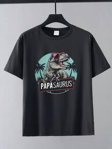 男士时尚恐龙棕榈树印花T恤 - 黑色 - 查看 2