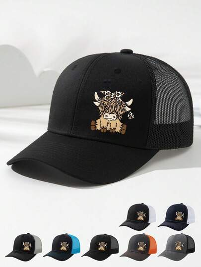 1顶男女通用公牛印花网眼棒球帽，遮阳透气，时尚百搭，配有可调节帽带，适合日常出行、聚会、户外运动、卡车司机等场合。