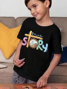 Children's Christian He Is Risen T-Shirt - True Story Cross And Resurrection Design, Comfortable Casual Round Neck Short Sleeve Easter Church Clothing, Christian Faith Clothing, Suitable For Boys And Girls, Spring Summer Autumn Church Activities And Casual Wear, Geometric Pattern And Cross Graphic, Breathable Fabric, Suitable For Regular Style For Activities And Games, Suitable For Easter Celebrations And Christian Gatherings, Boys' T-Shirt, Boys' Old Clothes, Back To School, Boys/Church Shirt, Toddler Boys' Clothing - 彩色 - 查看 4
