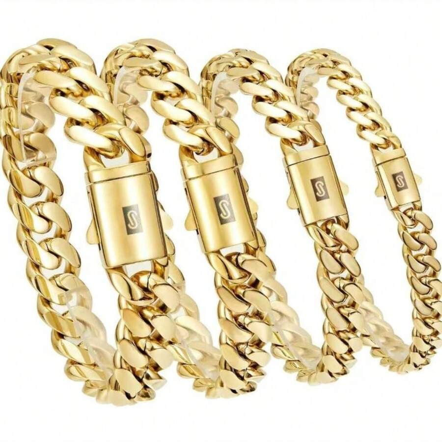 Black "S" Clasp 14K Gold-Plated Cuban Link Bracelet - Chunky Gold Hip Hop Chain For Men - Punk Stainless Steel Street Style - 12MM - Xem 1