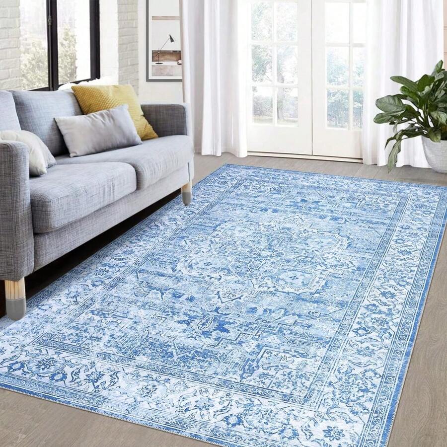 Vintage Distressed Area Rug Machine Washable Rug For Living Room, Non-Slip Stain Resistant Carpet Accent Rug Retro Medallion Floor Cover For Home Decor - Blue - View 1