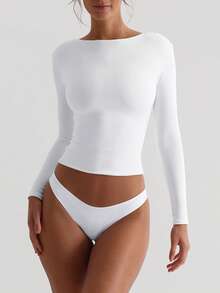 性感露背白色弹力长袖修身T恤，女士款，秋冬季休闲春季款 - 白色 - 查看 5