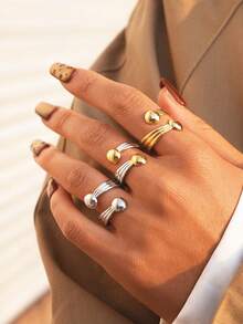 3pcs/1pc Fashionable Geometric Line Gold Stainless Steel Rings, Personalized Stackable Knuckle Rings For Women, Suitable For Vacation, Date, Gift, Daily Matching, Best For Valentine's Day, Mother's Day - Multicolor - View 2