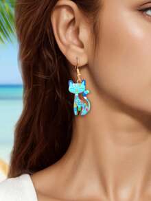 1对趣味花朵装饰蓝色珐琅动物猫咪吊坠耳环，适合派对、日常佩戴、节日佩戴，女士饰品 - 彩色 - 查看 2