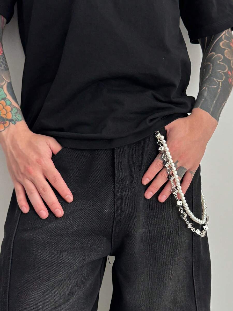 1件复古几何仿珍珠骰子多层吊坠项链，哥特朋克风、休闲简约风、街头风、摇滚嘻哈风、派对风、日常佩戴风，男女皆宜的项链礼物 - 褲鏈 - 查看 1