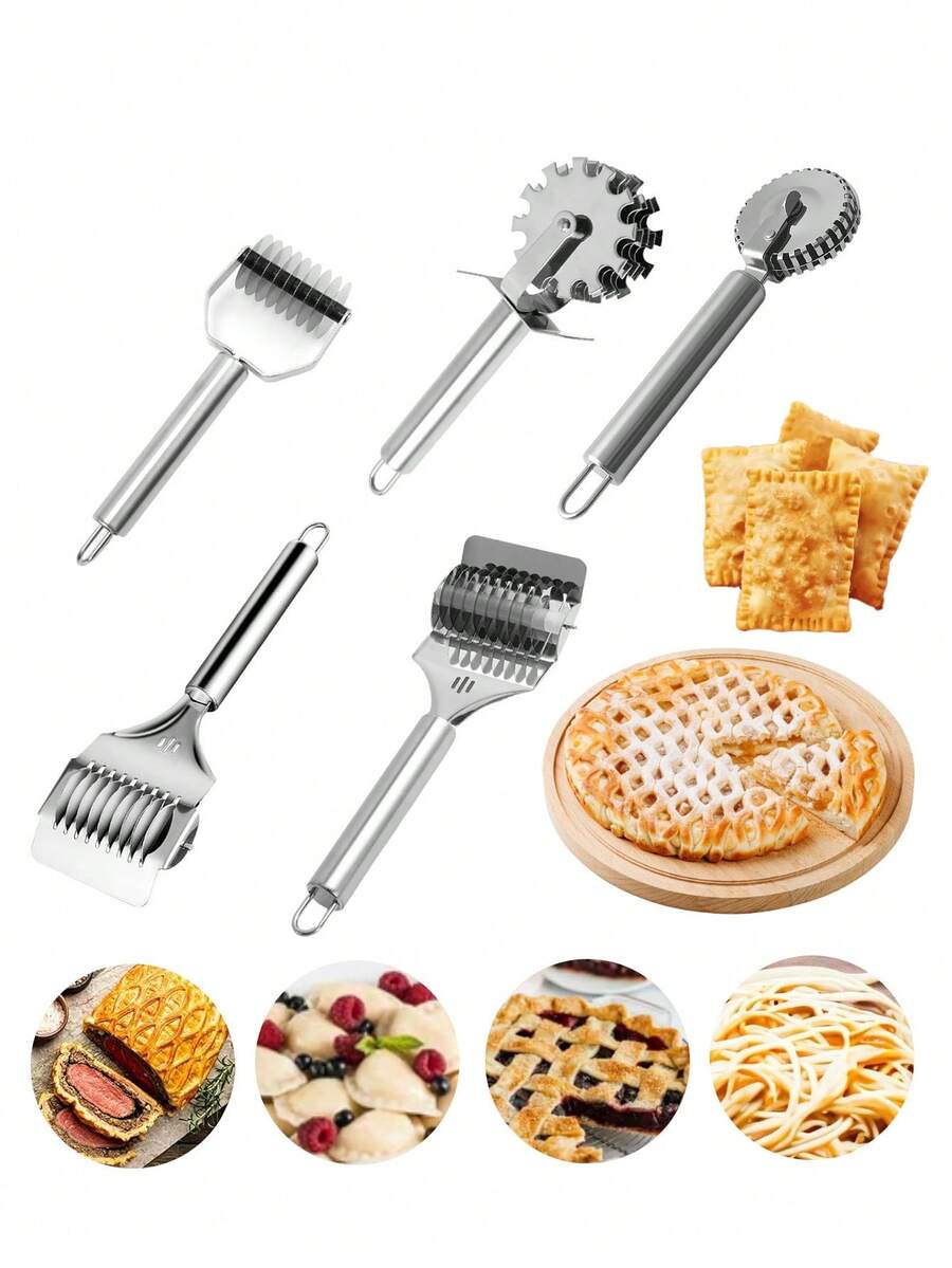 1 pieza Juego de herramientas de cocina creativas de acero inoxidable para hornear, cortador de pasta con mango redondo, rodillo de pasta manual de rueda única para el hogar, ablandador de carne de 5 ruedas, cortador de pizza, cortador de pasta multifunción, accesorios de cocina - Multicolor - Ver 1