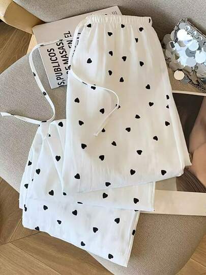 女士心形字母印花纽扣前开襟休闲裤 白色