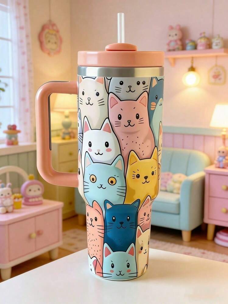 One 40-Ounce Stainless Steel Insulated Water Bottle - Durable, With A Cute Cat Design, Perfect As A Gift For Girls. Car, Home, Office, Travel, Party Supplies. - 彩色 - 查看 7