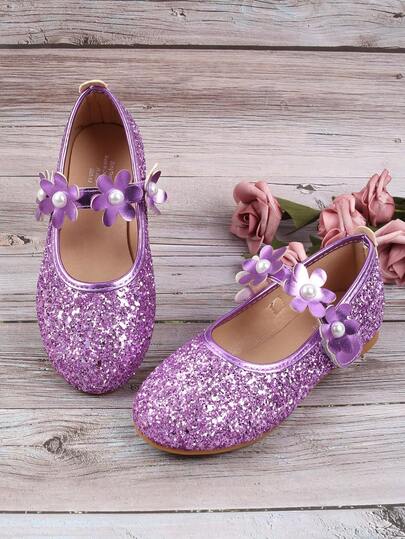Girls' Purple Sequin Princess Flat Shoes With Pearl Flower Decor