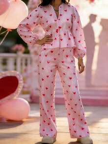 Women Spring Heart Outfit Long Sleeve V Neck Ruffled Tops And Straight Pants 2 Piece Casual Set - Pink - View 3