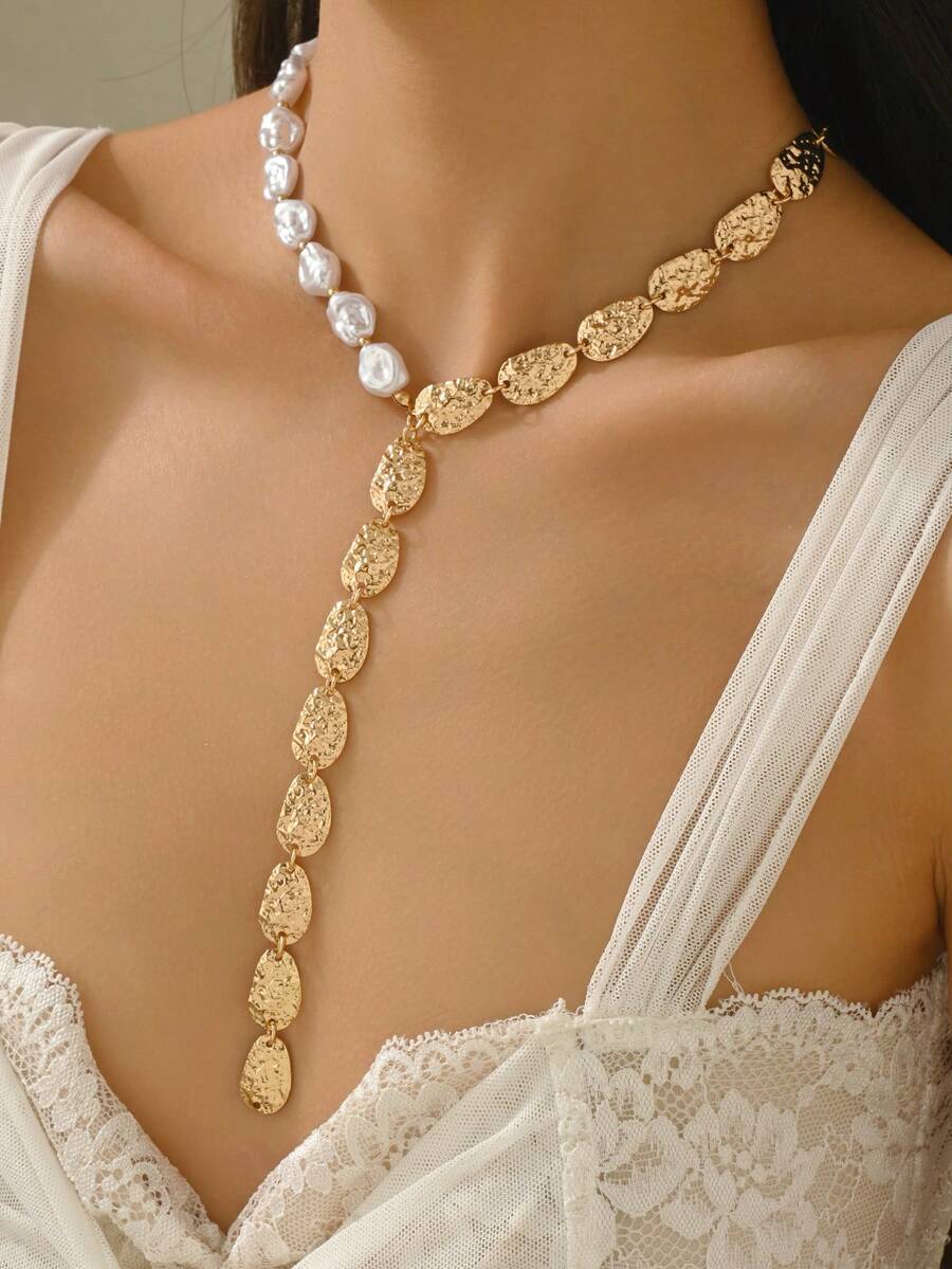 1pc Fashion Asymmetrical Faux Pearl Hammered Disc Choker Necklace, Y-Shaped Minimalist Necklace Jewelry, Suitable For Daily Wear, Music Festivals And Photo Shoots - Multicolor - View 1