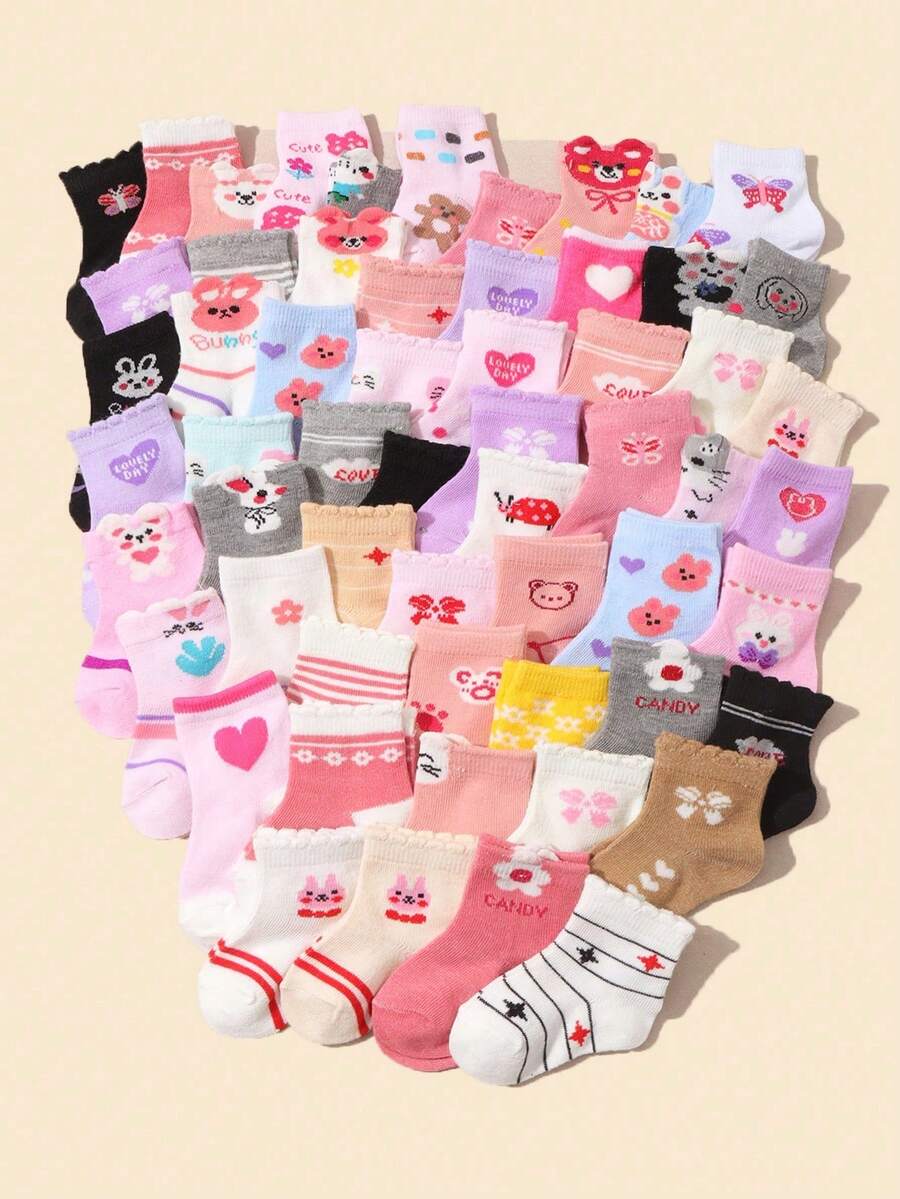 24/12/6 Pares de Meias Invisíveis Metade da Panturrilha em Rosa Pastel Aleatórias, Decoradas com Estampas Fofas de Flores, Laço, Besouro, Coelho, Urso, Listras e Outros Desenhos de Renda. São adoráveis e versáteis, adequadas para uso diário e como presentes, perfeitas para bebês de 0-36 meses, material macio e confortável. - Multicolorido - Visão 1