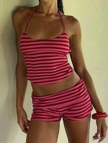 Bộ đồ 2 món dành cho nữ, kiểu dáng thường ngày, thời trang, gợi cảm, thích hợp cho kỳ nghỉ, gồm áo hai dây hở lưng và quần short xếp ly cạp cao. - Hồng hồng - Xem 6