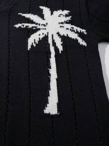 Polo col chemise à demi-patte de boutonnage, motif d'arbre de noix de coco, décontracté pour les vacances et les trajets, blocs de couleurs, mode, confortable, léger, manches courtes, tricot, noir, printemps/été - Noir - Voir 5