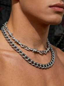 2件装朋克风铁丝双层项链，嘻哈饰品，另类饰品，手工饰品 - 雙層項鍊 - 查看 4